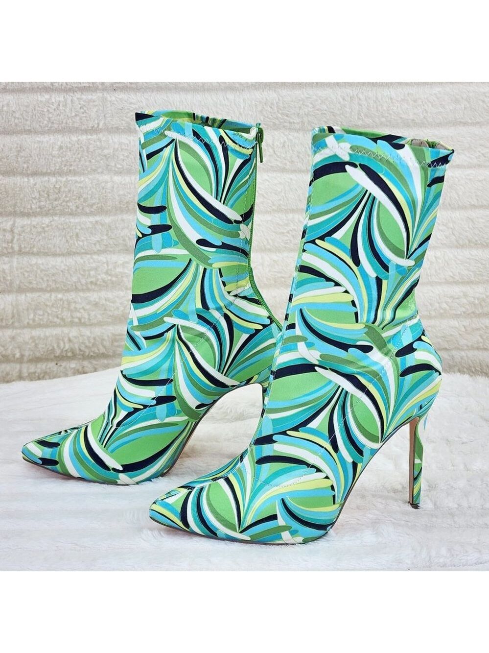 Odin Crazy Wild Color Pattern High Heel Stretch Fabric Ankle Boots - Green Blue - Picture 8 of 15